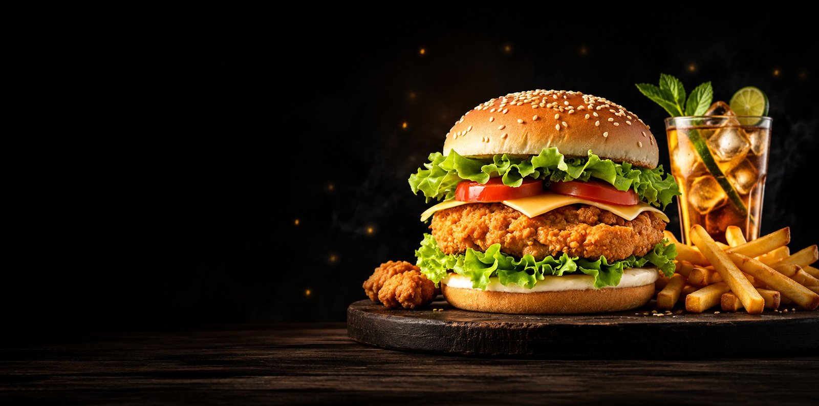 Loaded burger with fries, nuggets and a cold drink